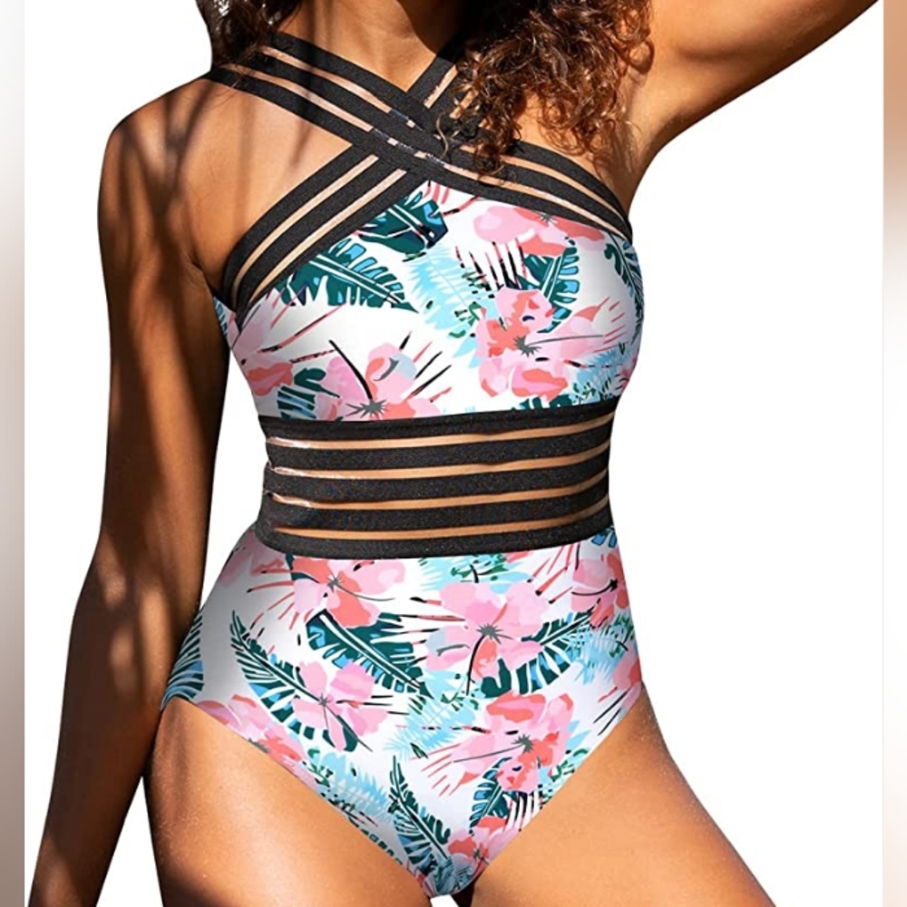 HILOR Tropical Floral Striped Sheer Mesh Panel Crisscross One Piece Swimsuit NWT